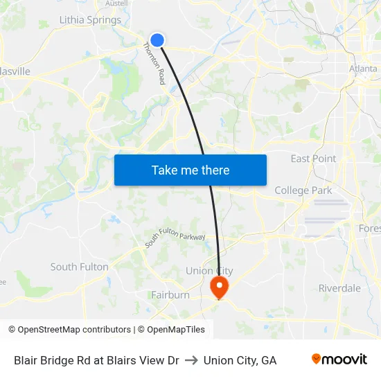Blair Bridge Rd at Blairs View Dr to Union City, GA map