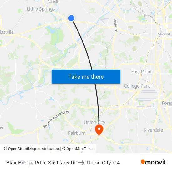 Blair Bridge Rd at Six Flags Dr to Union City, GA map