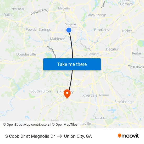 S Cobb Dr at Magnolia Dr to Union City, GA map