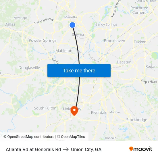 Atlanta Rd at Generals Rd to Union City, GA map