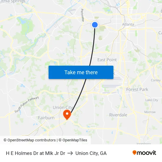 H E Holmes Dr at Mlk Jr Dr to Union City, GA map