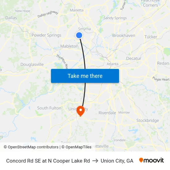 Concord Rd SE at N Cooper Lake Rd to Union City, GA map