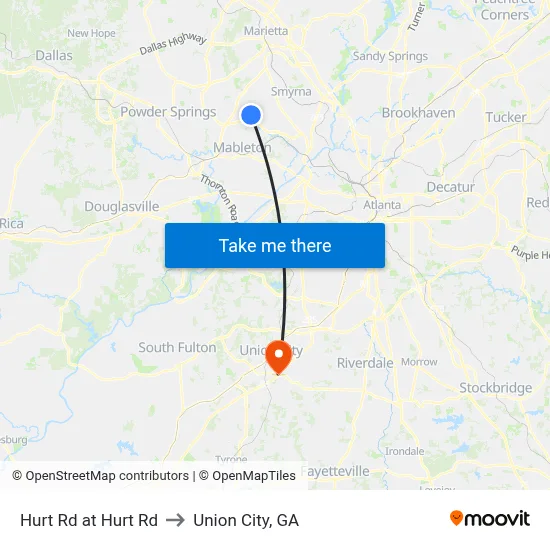 Hurt Rd at Hurt Rd to Union City, GA map