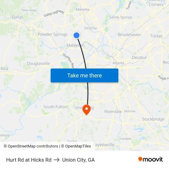 Hurt Rd at Hicks Rd to Union City, GA map