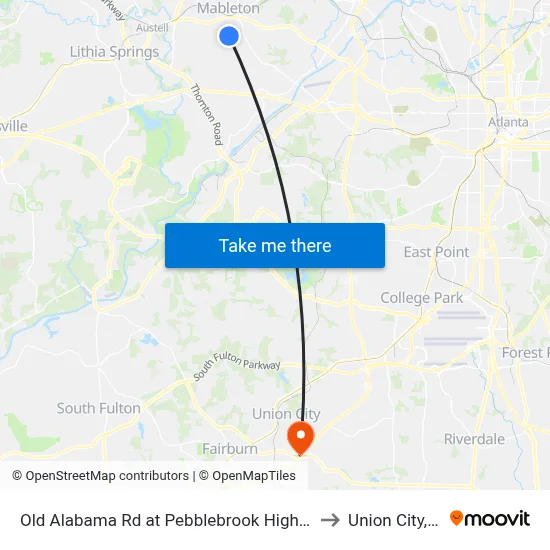 Old Alabama Rd at Pebblebrook High Schoo to Union City, GA map
