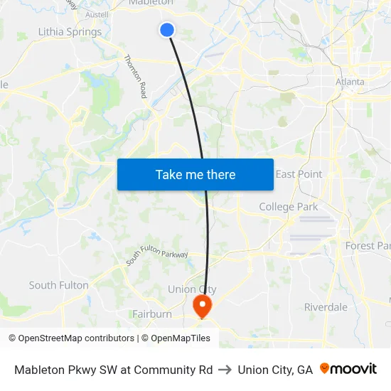 Mableton Pkwy SW at Community Rd to Union City, GA map