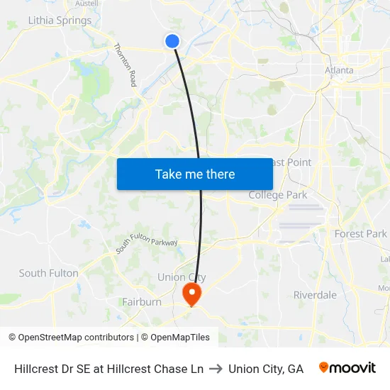 Hillcrest Dr SE at Hillcrest Chase Ln to Union City, GA map