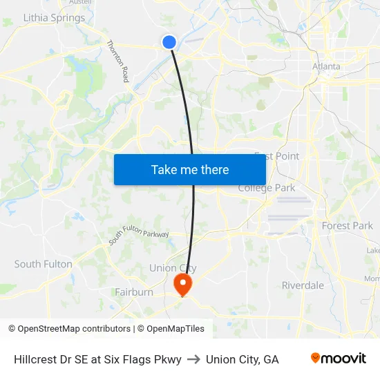 Hillcrest Dr SE at Six Flags Pkwy to Union City, GA map