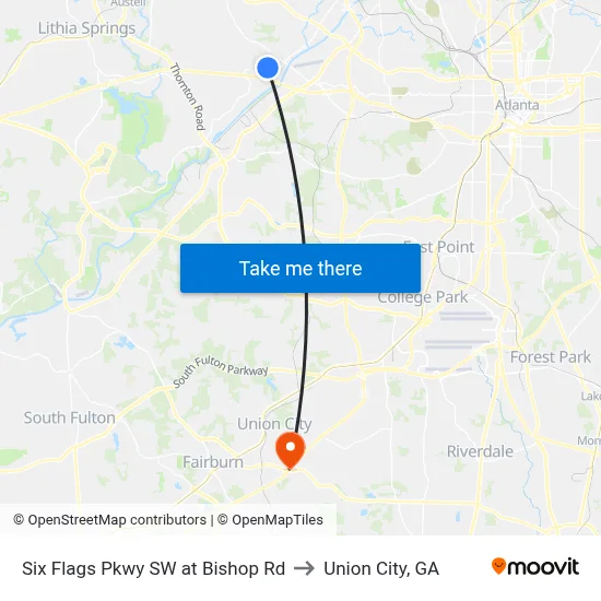 Six Flags Pkwy SW at Bishop Rd to Union City, GA map