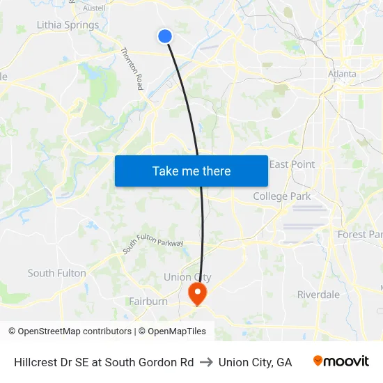 Hillcrest Dr SE at South Gordon Rd to Union City, GA map