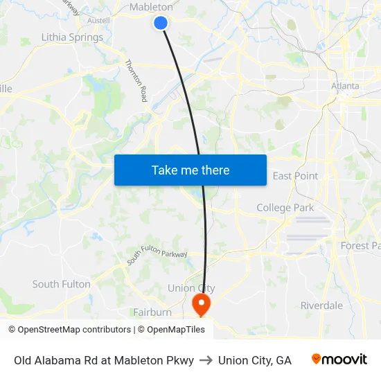 Old Alabama Rd at Mableton Pkwy to Union City, GA map