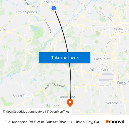 Old Alabama Rd SW at Sunset Blvd to Union City, GA map