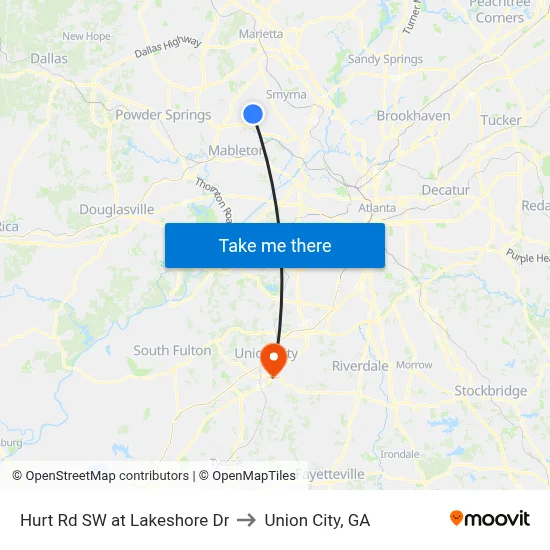 Hurt Rd SW at Lakeshore Dr to Union City, GA map