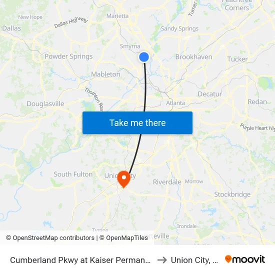Cumberland Pkwy at Kaiser Permanente to Union City, GA map