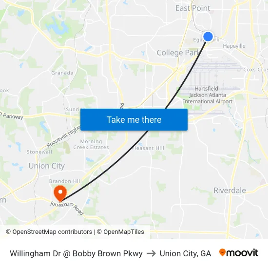 Willingham Dr @ Bobby Brown Pkwy to Union City, GA map