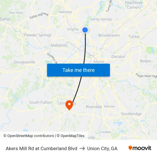 Akers Mill Rd at Cumberland Blvd to Union City, GA map