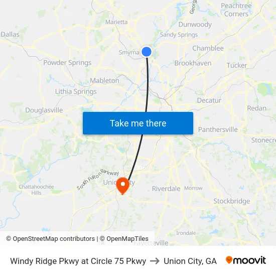 Windy Ridge Pkwy at Circle 75 Pkwy to Union City, GA map