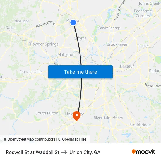 Roswell St at Waddell St to Union City, GA map