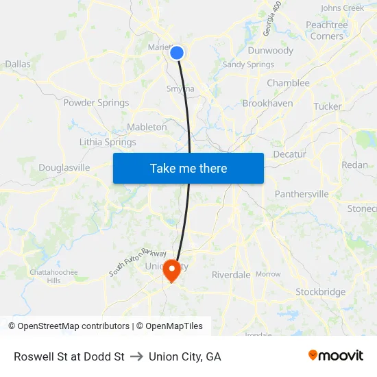 Roswell St at Dodd St to Union City, GA map