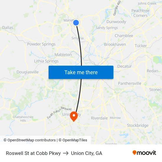 Roswell St at Cobb Pkwy to Union City, GA map