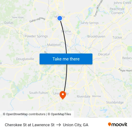 Cherokee St at Lawrence St to Union City, GA map