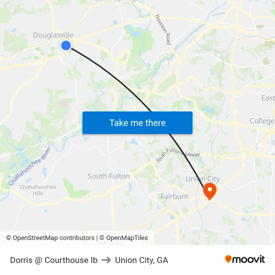 Dorris @ Courthouse Ib to Union City, GA map