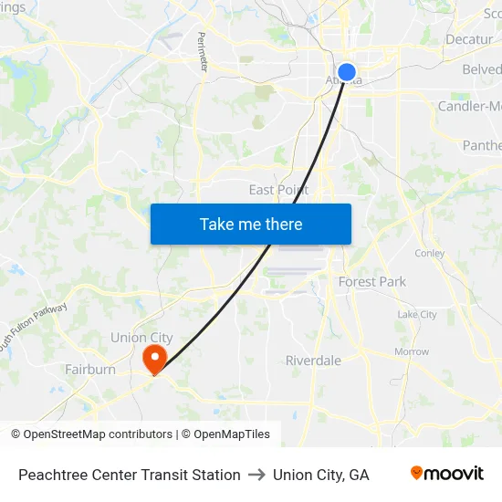 Peachtree Center Transit Station to Union City, GA map