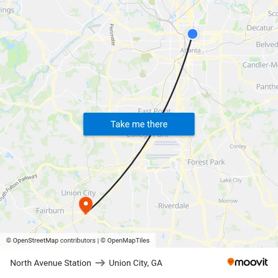 North Avenue Station to Union City, GA map