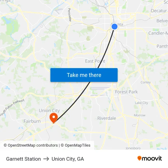 Garnett Station to Union City, GA map