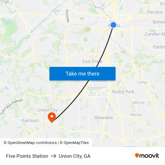Five Points Station to Union City, GA map