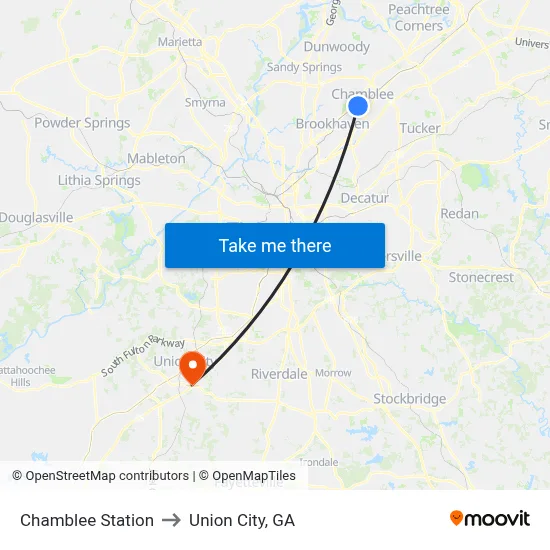 Chamblee Station to Union City, GA map