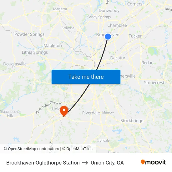 Brookhaven-Oglethorpe Station to Union City, GA map