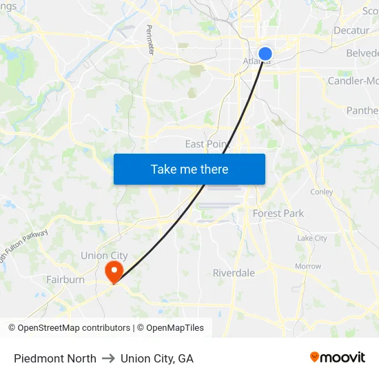 Piedmont North to Union City, GA map