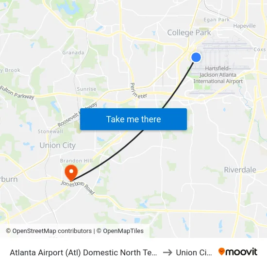 Atlanta Airport (Atl) Domestic North Terminal Dropoffs to Union City, GA map