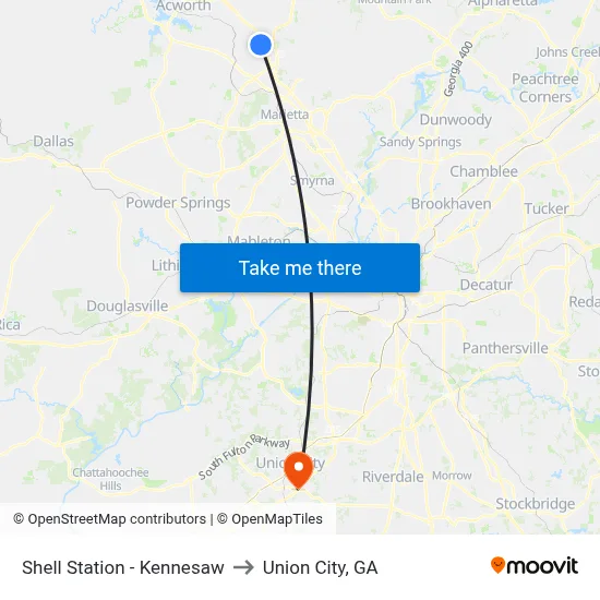Shell Station - Kennesaw to Union City, GA map