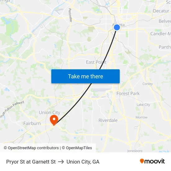 Pryor St at Garnett St to Union City, GA map