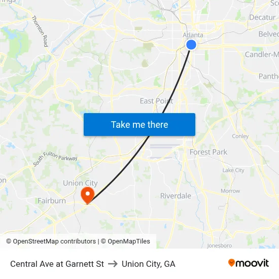 Central Ave at Garnett St to Union City, GA map