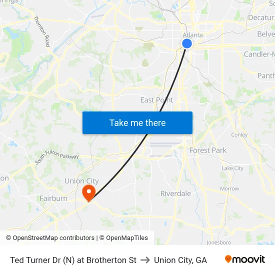 Ted Turner Dr (N) at Brotherton St to Union City, GA map