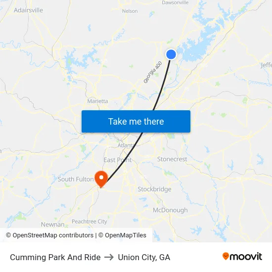 Cumming Park And Ride to Union City, GA map