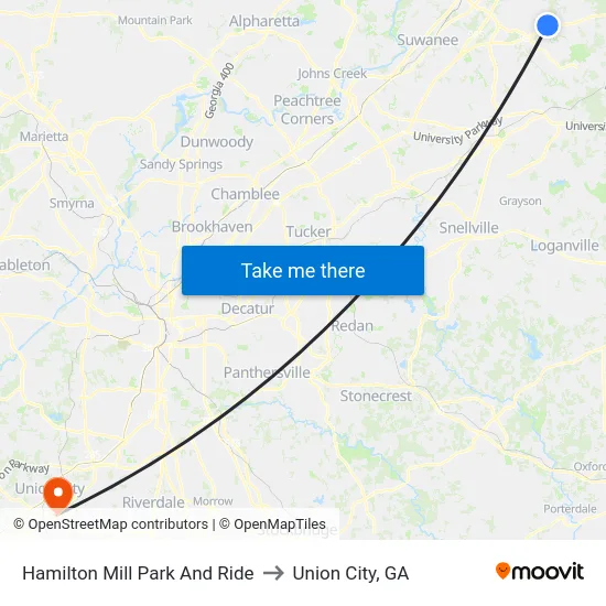 Hamilton Mill Park And Ride to Union City, GA map