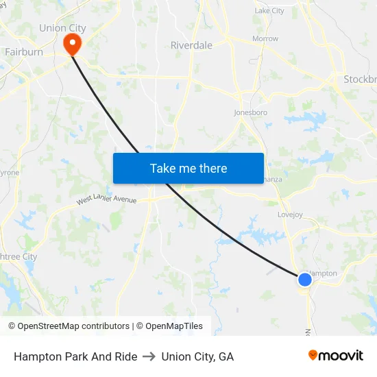 Hampton Park And Ride to Union City, GA map