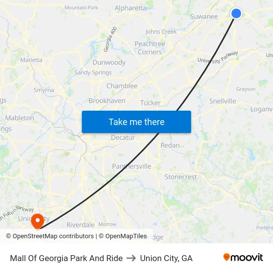 Mall Of Georgia Park And Ride to Union City, GA map