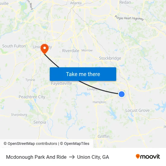 Mcdonough Park And Ride to Union City, GA map
