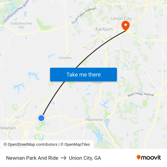 Newnan Park And Ride to Union City, GA map