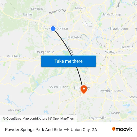 Powder Springs Park And Ride to Union City, GA map