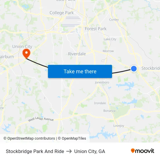 Stockbridge Park And Ride to Union City, GA map