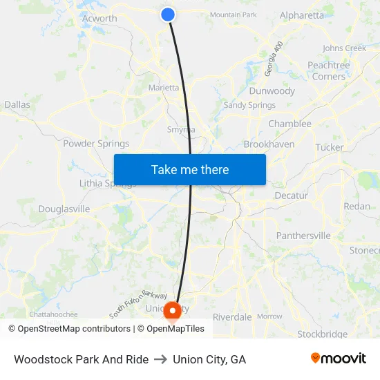 Woodstock Park And Ride to Union City, GA map