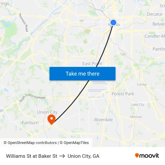 Williams St at Baker St to Union City, GA map