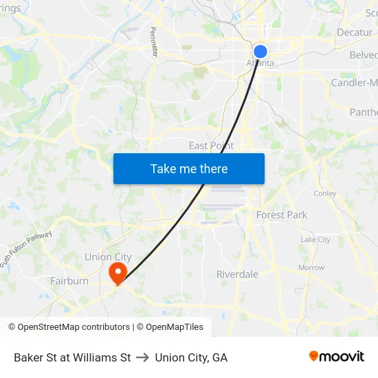 Baker St at Williams St to Union City, GA map