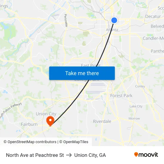 North Ave at Peachtree St to Union City, GA map